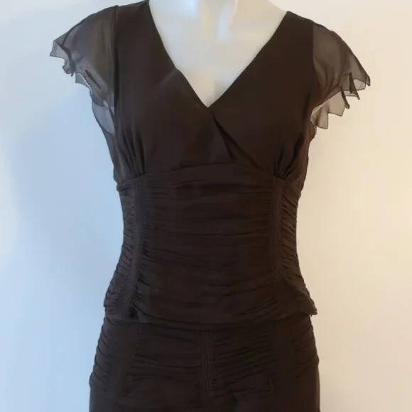 Womens 2PC Lela Rose 100% Silk Brown Blouse, Skirt Set 8 - Picture 4 of 11